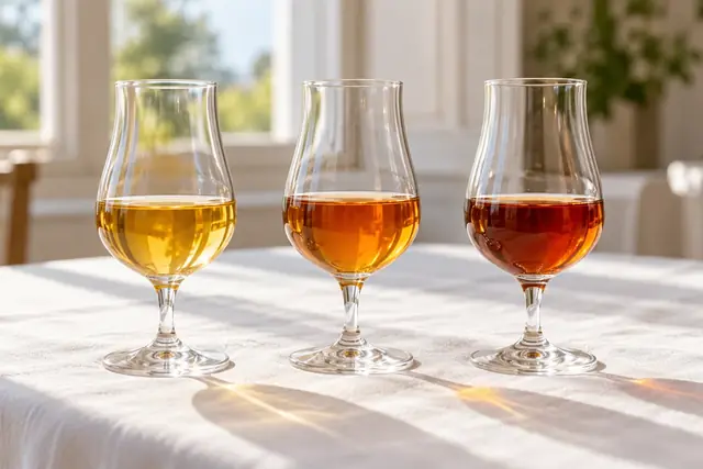Trois verres de boissons aux robes dorées et ambrées
