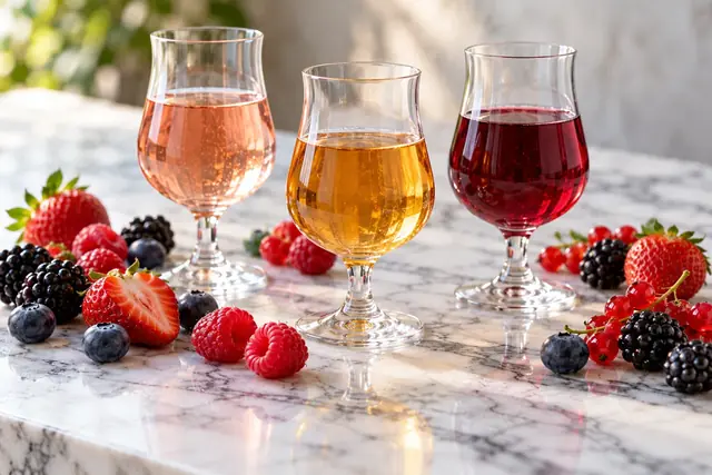 Trois verres d’hydromels aux couleurs différentes, entourés de fruits
