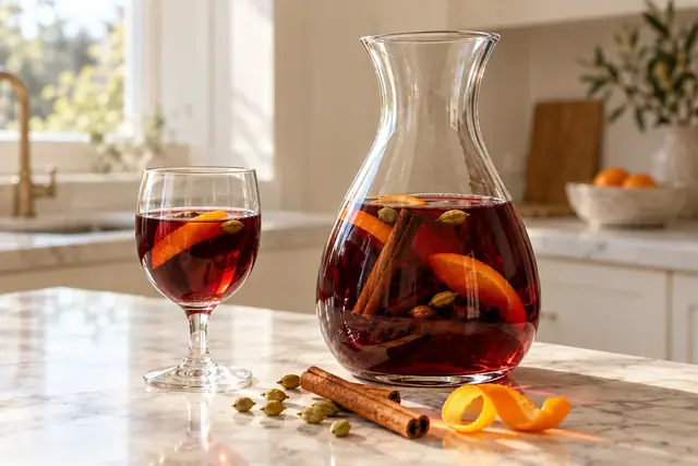 Carafe et verre de vin rouge avec épices et agrumes