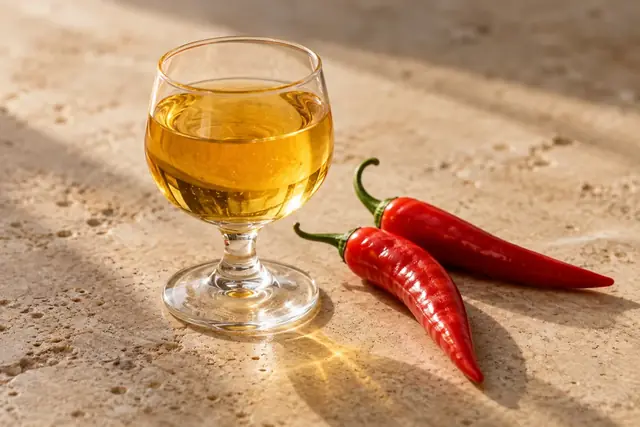 Petit verre ambré accompagné de deux piments rouges