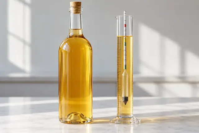 Bouteille ambrée et éprouvette de mesure sur une table