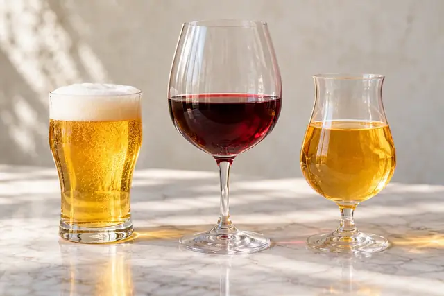 Verres de bière, de vin rouge et d’hydromel côte à côte