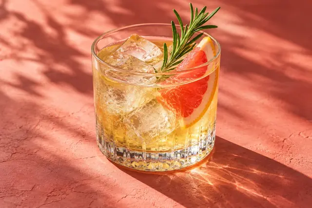 Cocktail ambré avec quartier d’agrume et branche aromatique