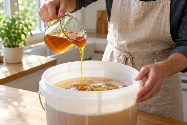 Miel dilué dans un récipient alimentaire avant fermentation