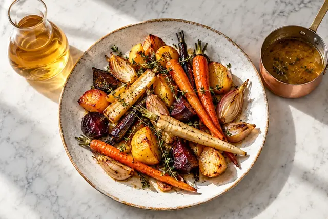 Légumes rôtis accompagnés d’un petit pichet de sauce ambrée