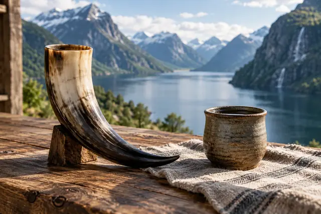 Corne à boire et gobelet près d’un paysage de fjord
