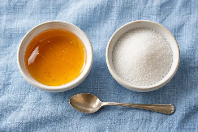 Deux coupelles contenant du miel et du sucre blanc