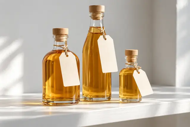 Trois bouteilles ambrées de contenances différentes
