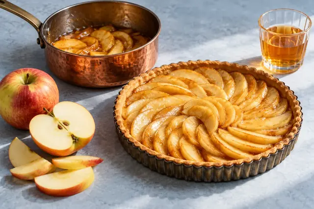 Tarte aux pommes et verre ambré sur une table