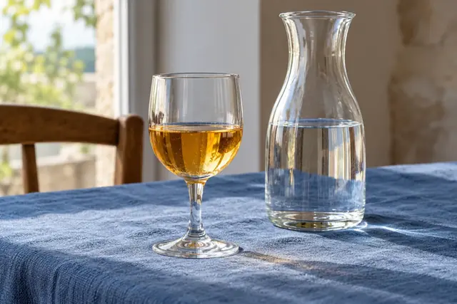 Un petit verre d’hydromel à côté d’une carafe d’eau