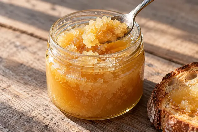 Cuillère dans un pot de miel cristallisé