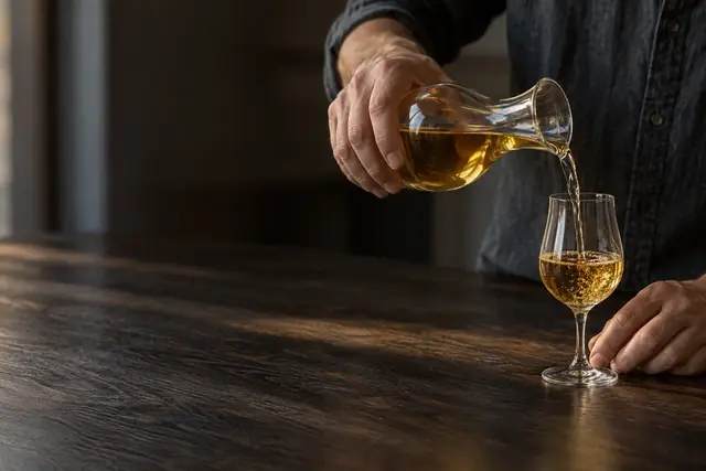 Une main verse une boisson ambrée dans un verre à pied
