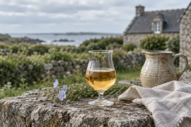 Verre de chouchen sur du granit devant une maison bretonne en pierre et ardoise