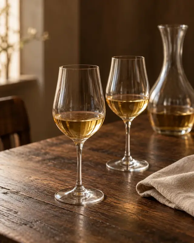 Deux verres d’hydromel et une carafe sur une table de bois