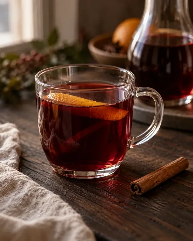Vin épicé aux agrumes servi dans une tasse transparente