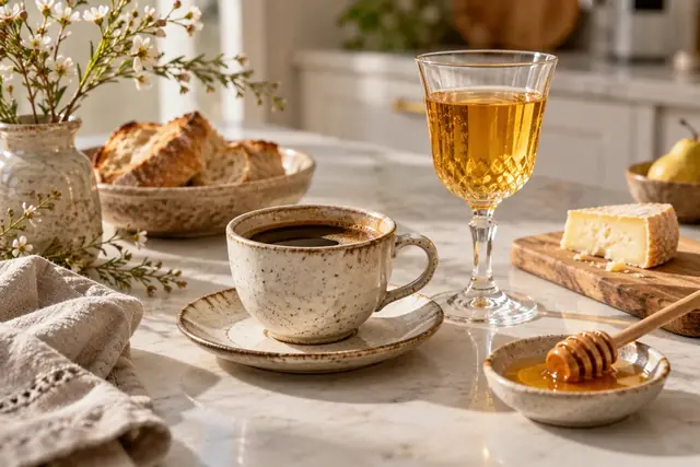 Tasse de café à côté d’une boisson ambrée