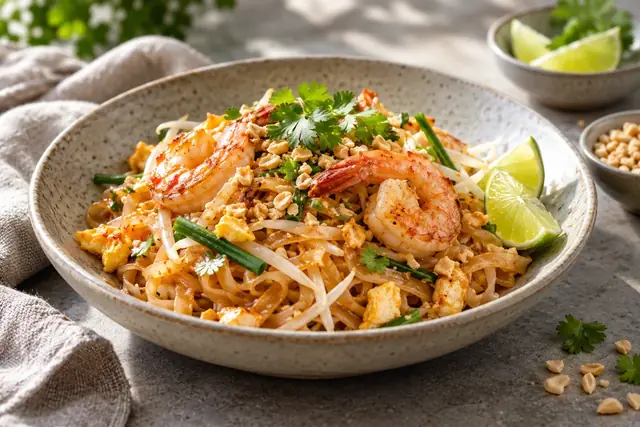 Nouilles de riz au poulet, légumes et cacahuètes