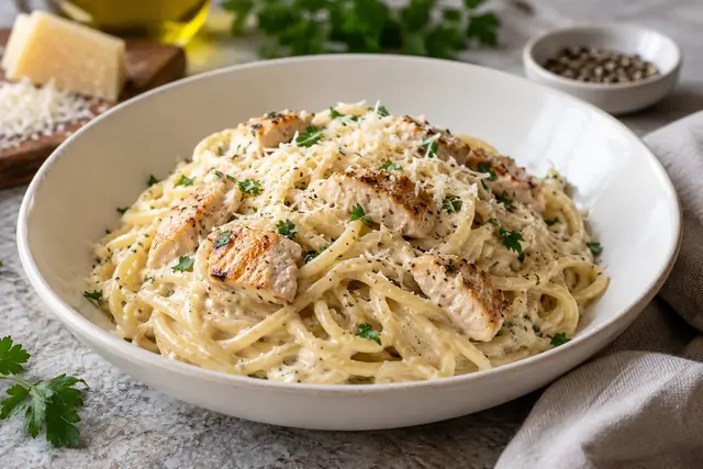 Assiette de pâtes au poulet et au parmesan