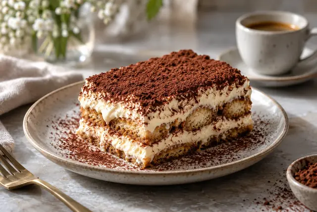 Part de tiramisu saupoudrée de cacao